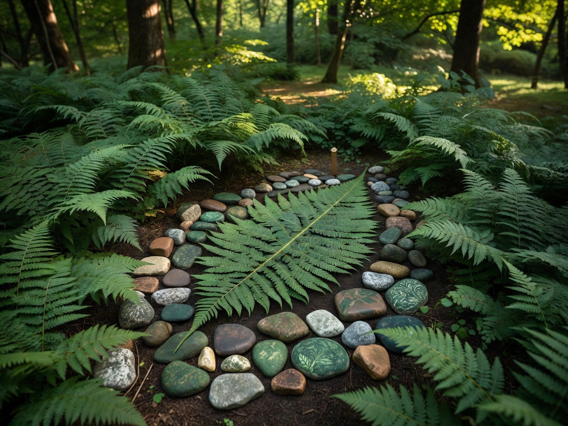 Painted stones scattered among ferns that form a leaf shape when seen from a marked viewpoint