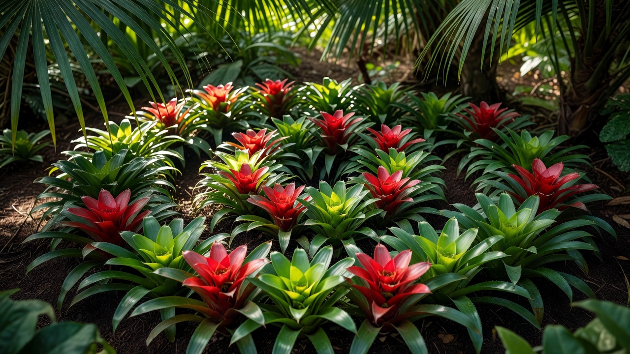 Close-up of red and green bromeliads planted in a curving spiral beneath palm shade