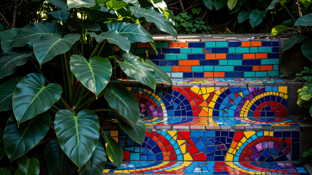 Colourful mosaic step partly hidden beneath the broad leaves of a philodendron