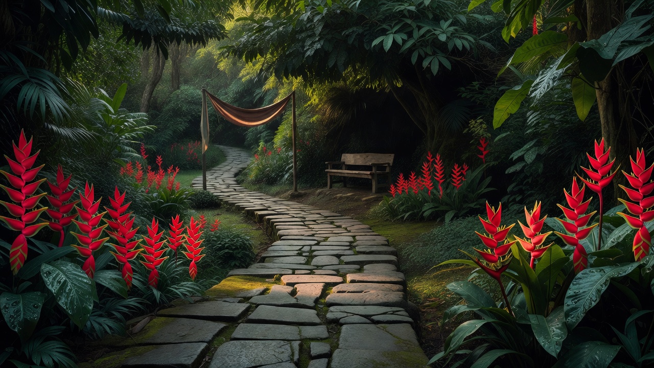 Stone path narrowing between red heliconia flowers toward a shaded seat