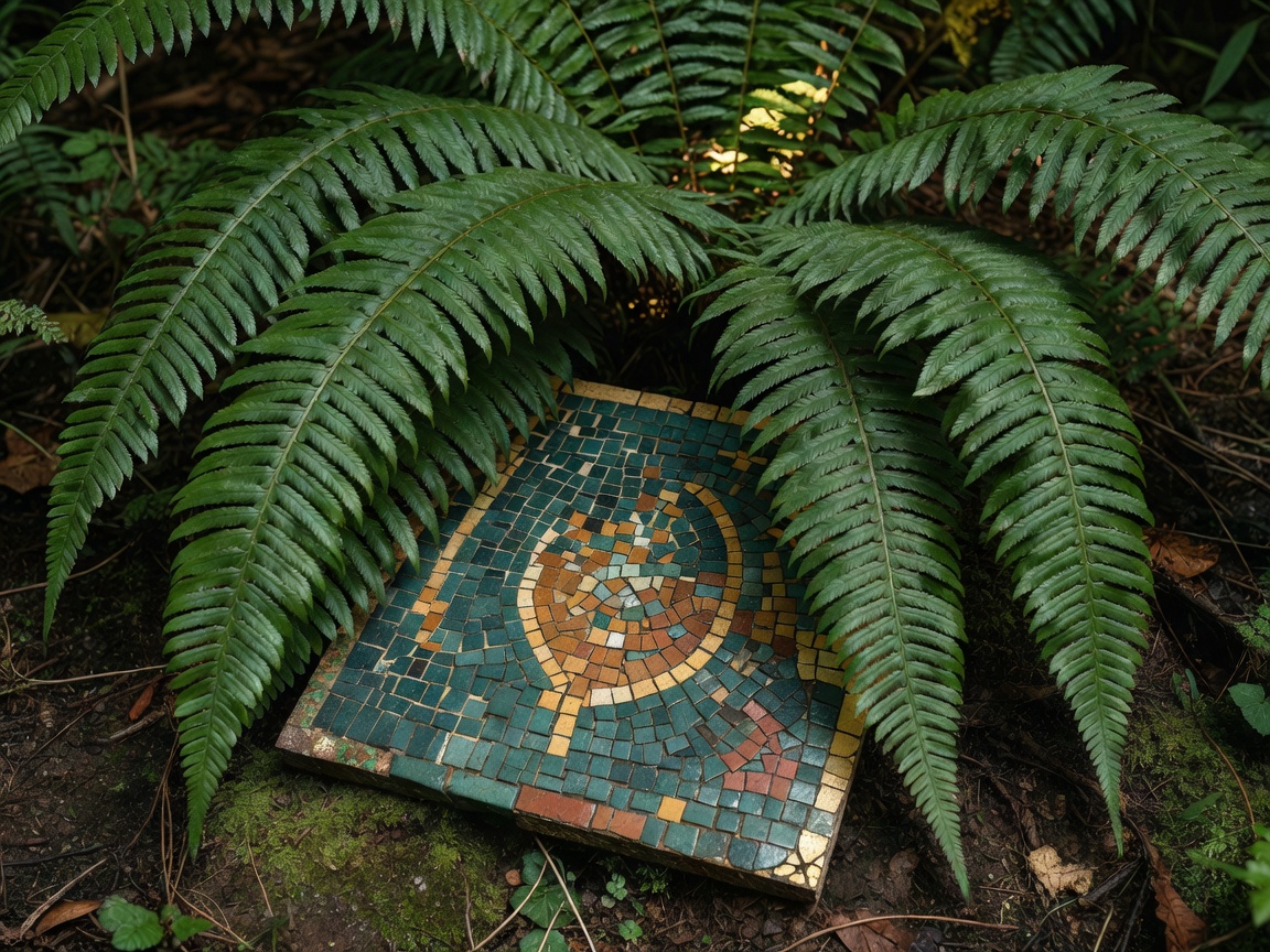 Teilweise verdeckte Keramik-Mosaikfliese, die unter Farnwedeln hervorlugt