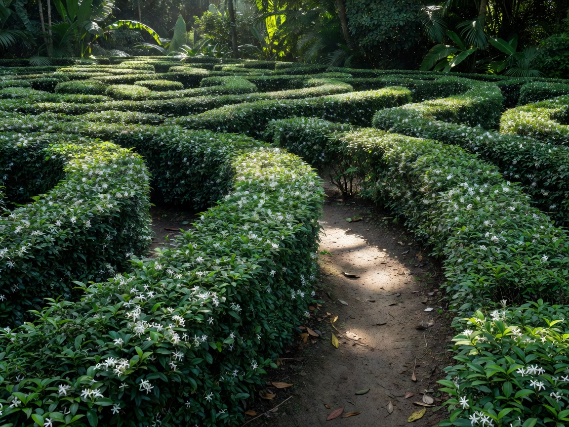 Kurve in einem niedrigen Heckenlabyrinth aus Orangenjasmin mit gesprenkeltem Sonnenlicht auf dem Weg