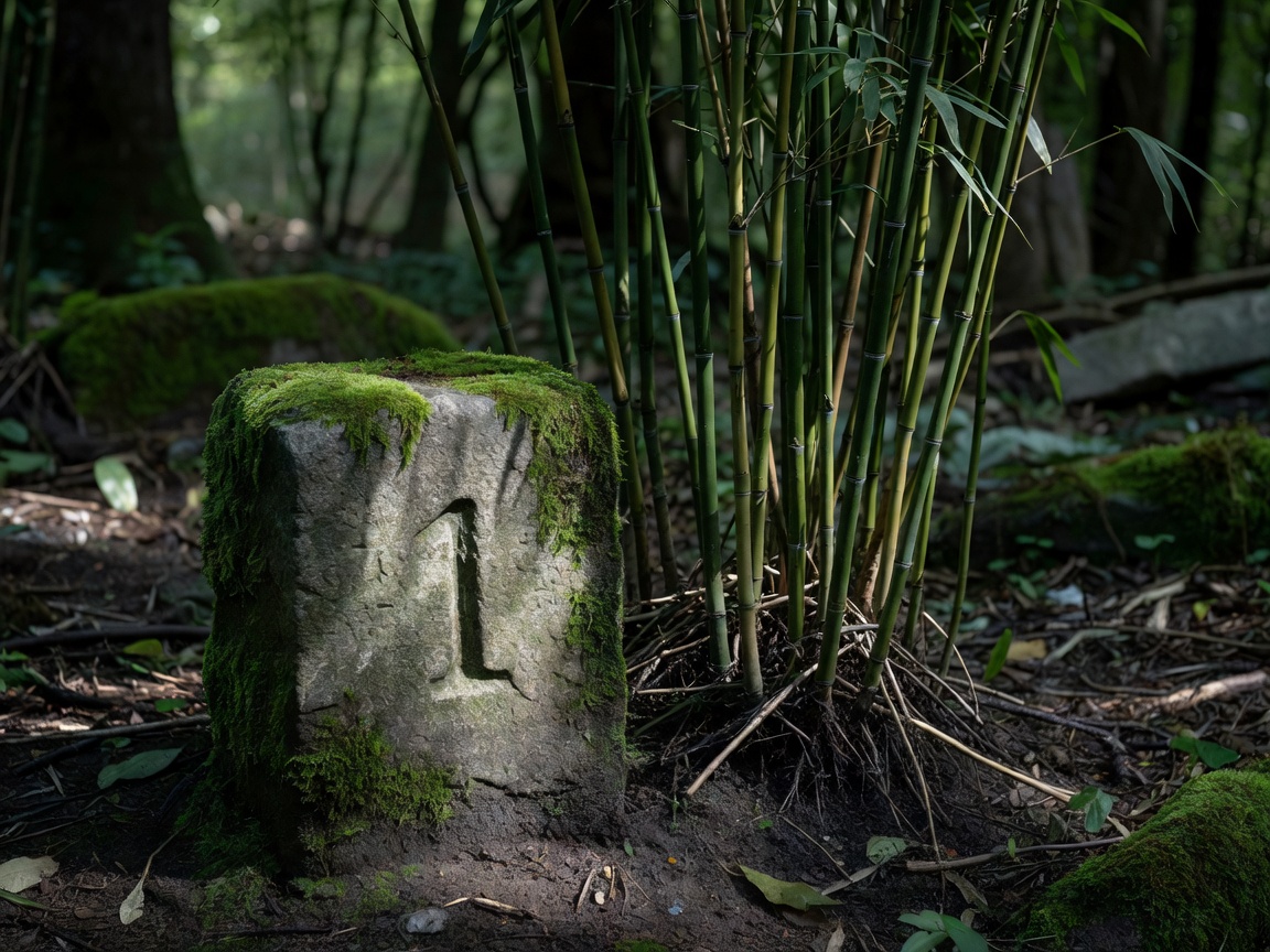 Small carved stone marker with a number, edged with moss beside a bamboo clump