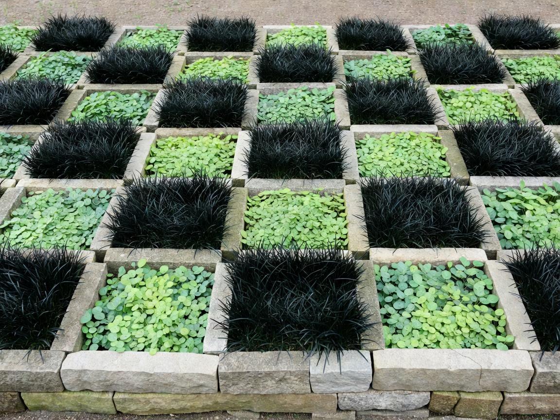 Checkerboard border of dark mondo grass and pale green pilea squares edged in stone