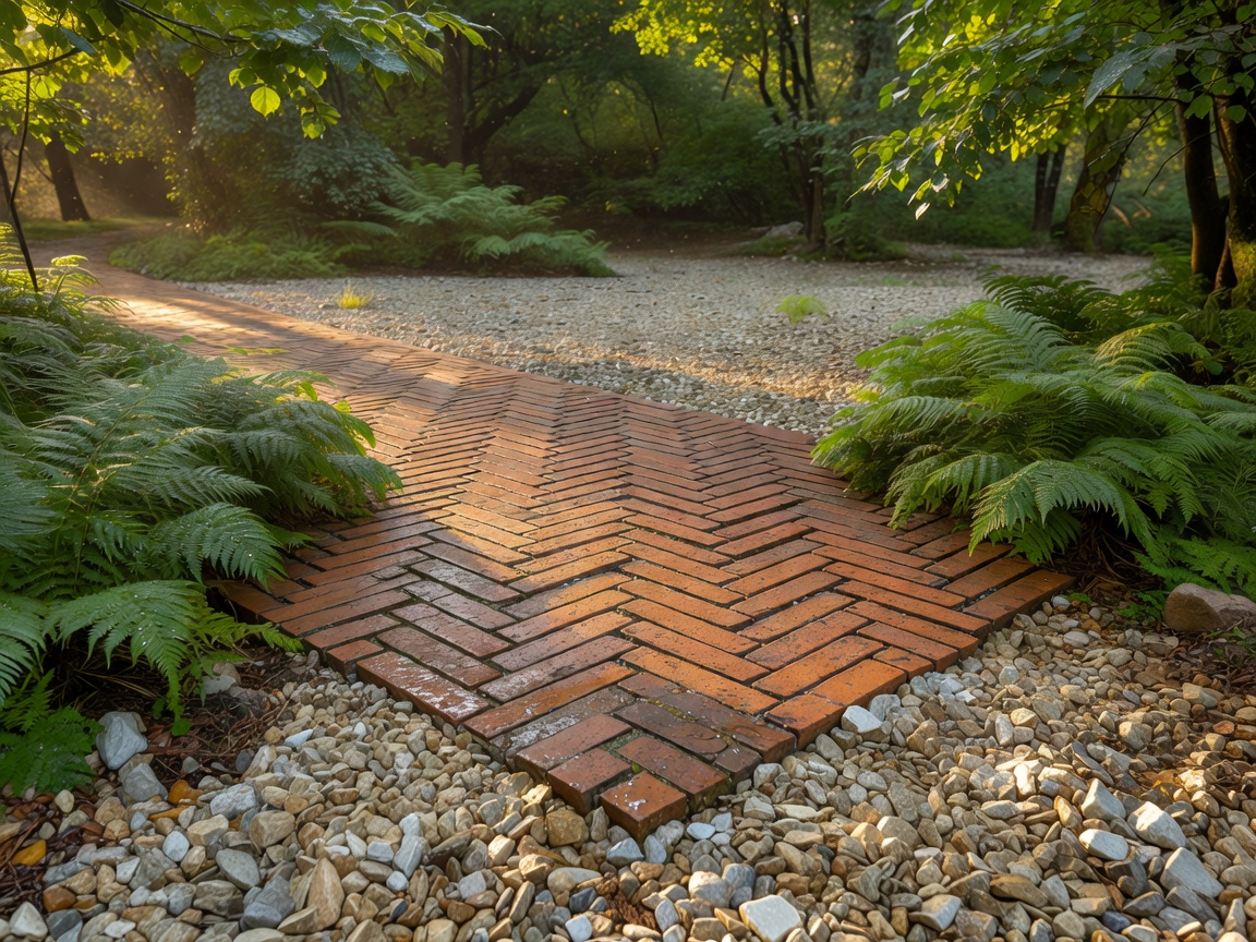 Path junction where chevron brick paving meets gravel, edged with soft ferns