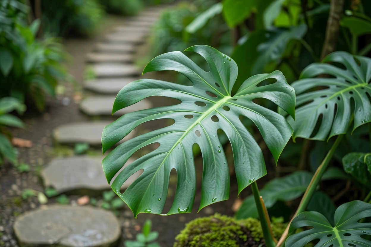 Nahaufnahme eines geteilten Monstera-Blatts mit einem unscharfen Trittsteinweg dahinter