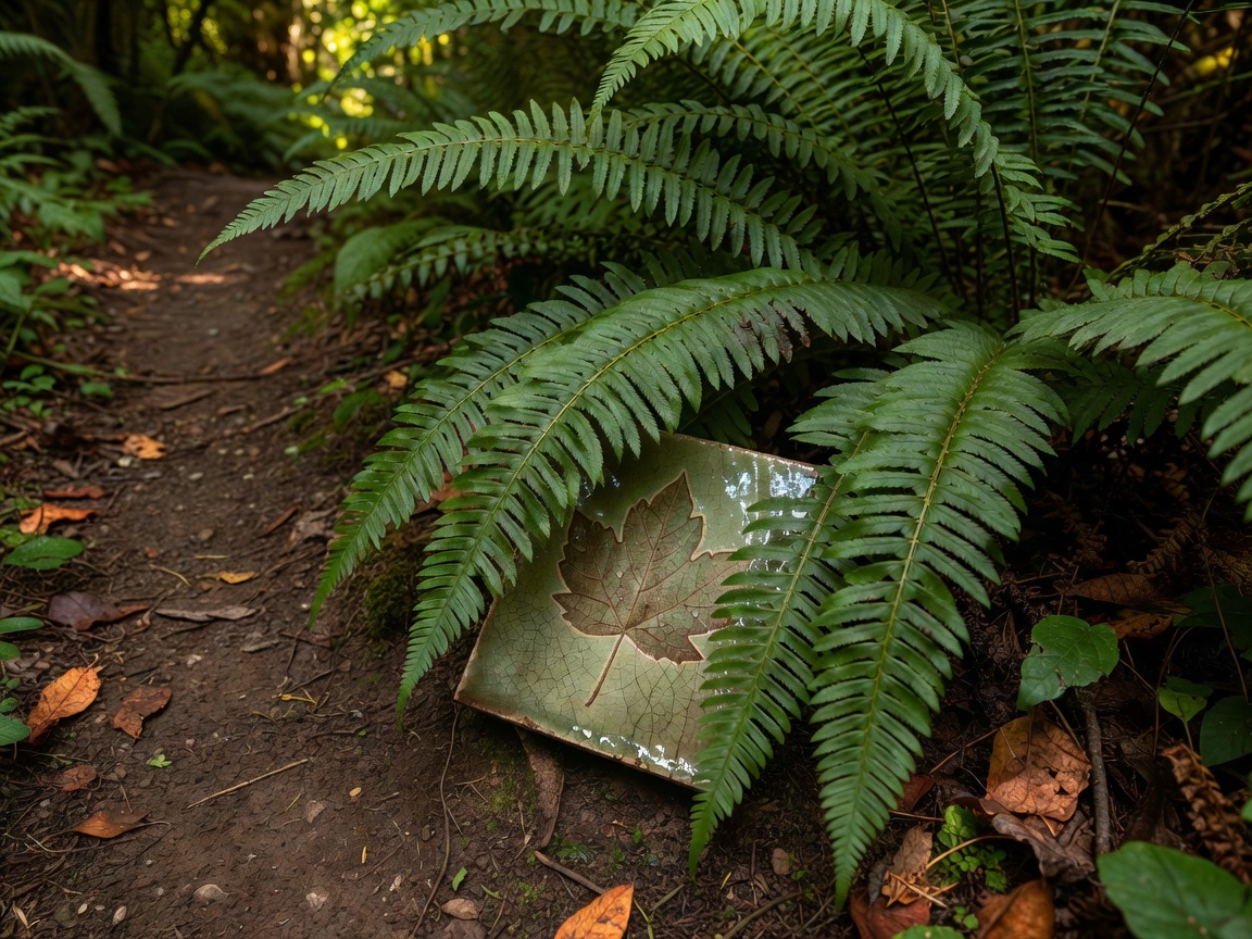 Glazed ceramic tile with a leaf motif hidden beneath fern fronds at a path edge