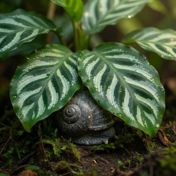 Kleine geschnitzte Steinschnecke, halb verborgen unter gemusterten Calathea-Blättern