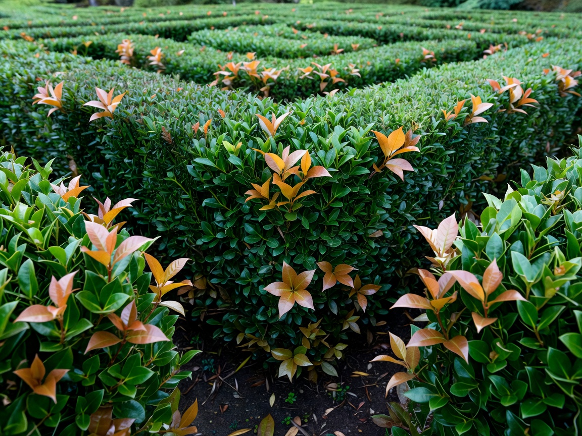 Close-up of a maze junction lined with lilly pilly hedges showing coppery new leaves